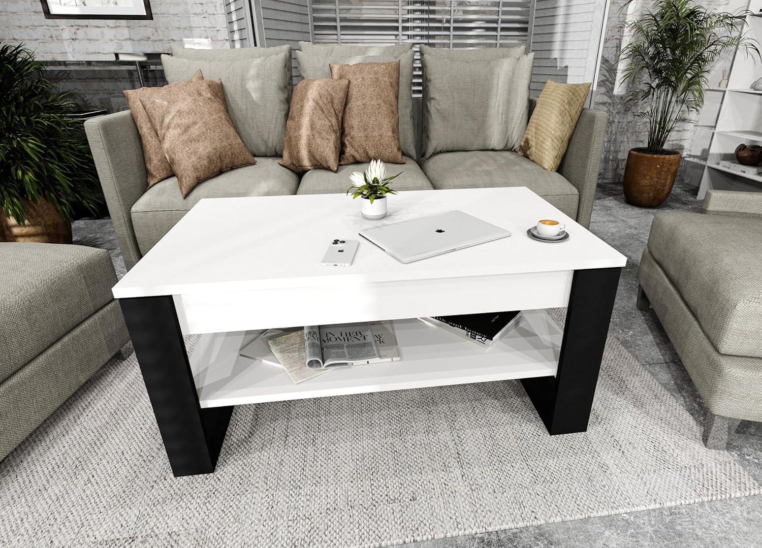 Couchtisch mit anhebbarer Platte | Höhenverstellbarer Wohnzimmertisch mit Stauraum | Sofatisch Weiß Schwarz modern mit Ablage & verstecktem Fach – Coffee Table für Wohnzimmer & Büro