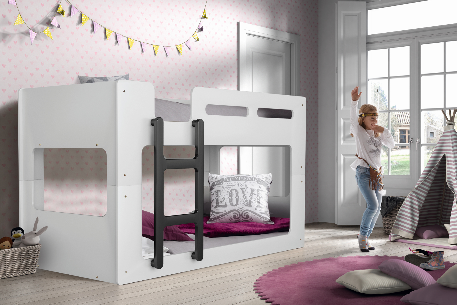Hochbett LUCA - weiß-schwarz - 90x200 cm