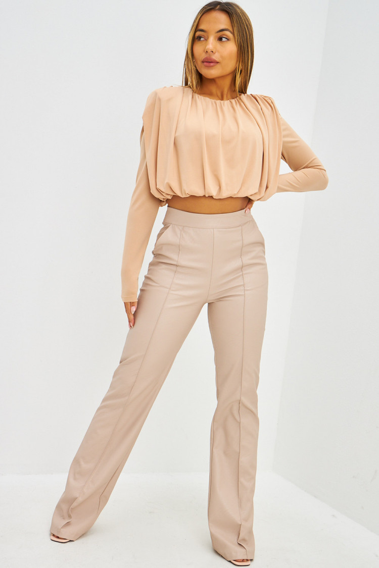 Crop top drapé à épaulettes beige