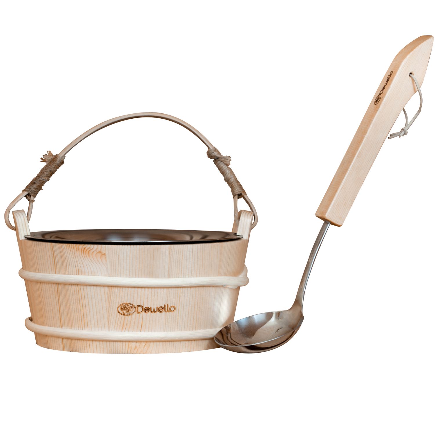 Dewello® Saunaeimer inkl. Kelle mit Edelstahleinsatz, Fassungsvermögen ca. 3 Liter, Hemlock-Holz, Bambusstreben