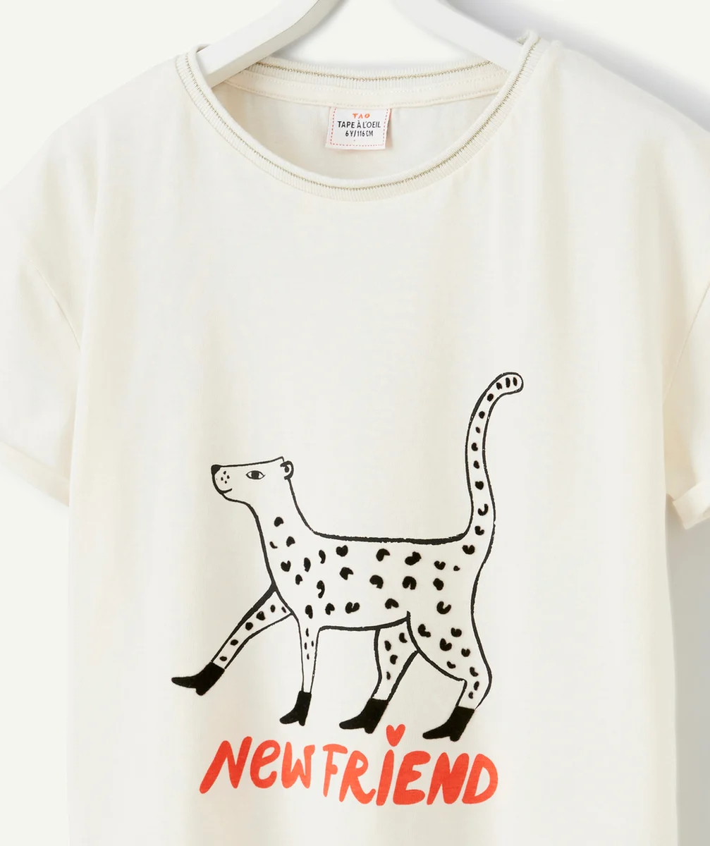T-SHIRT FILLE EN COTON BIO ÉCRU MOTIF LÉOPARD
