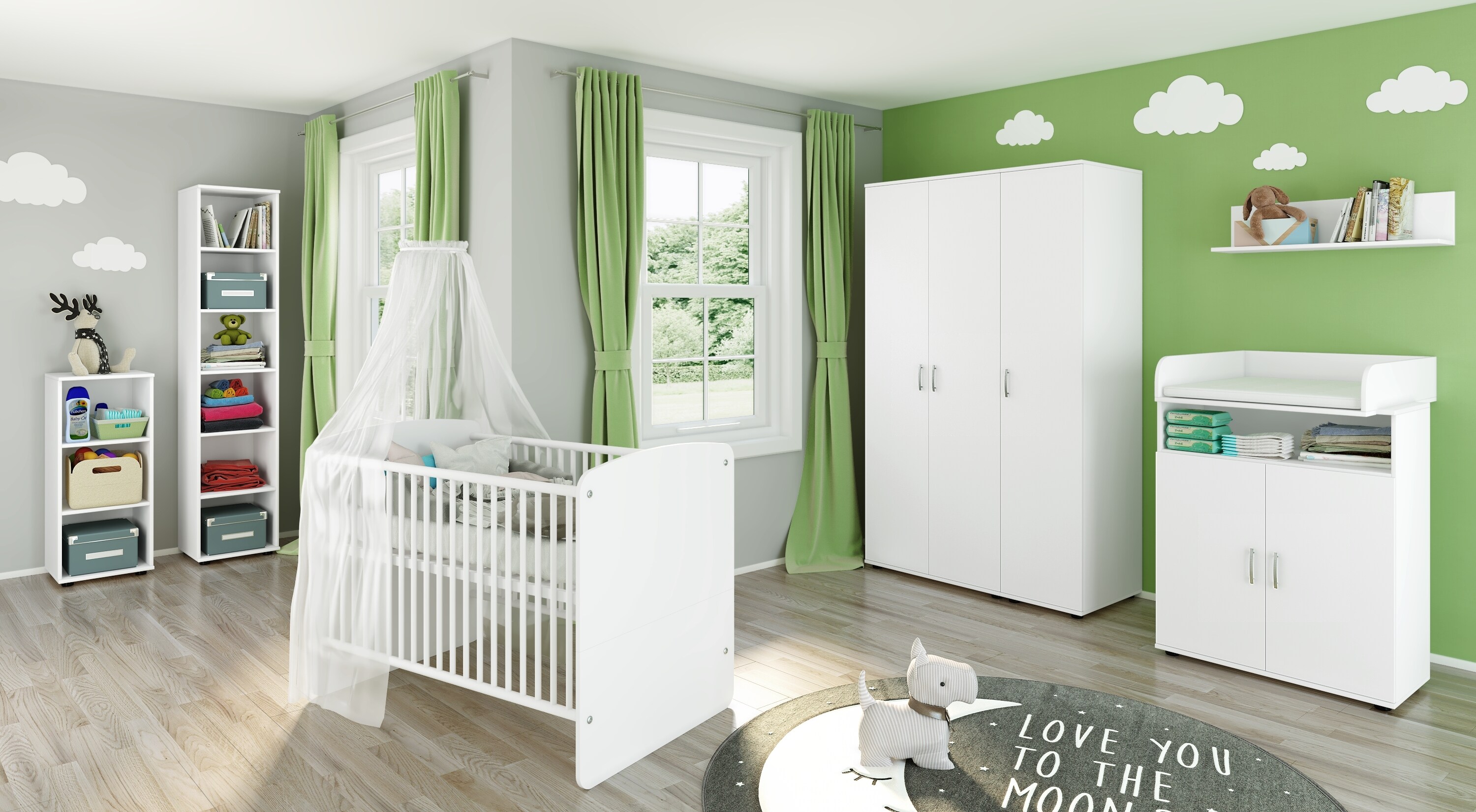 nonjoo. Babyzimmer Lunis Kleiderschrank 3-trg., mit Fachböden, Kleiderstange und Wäschefächern