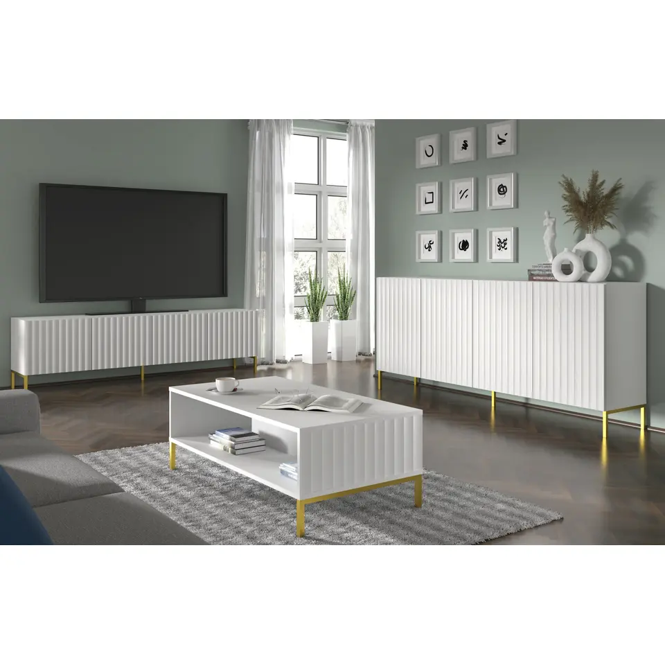 WAVE dressoir 4D 200 cm mat wit   gouden frame