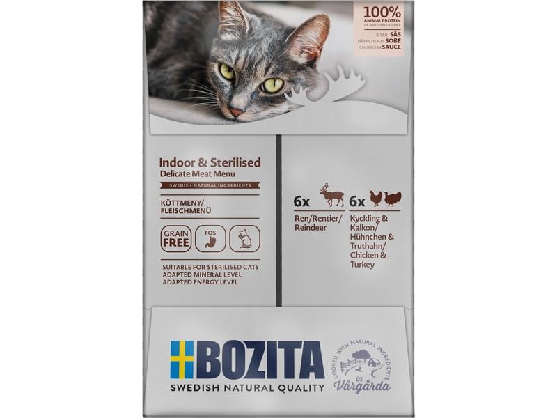 Bozita Nassfutter Pouch Häppchen in Sauce, Multibox, 12 x 8 Alleinfuttermittel für Wohnungs- und sterilisierte Katzen