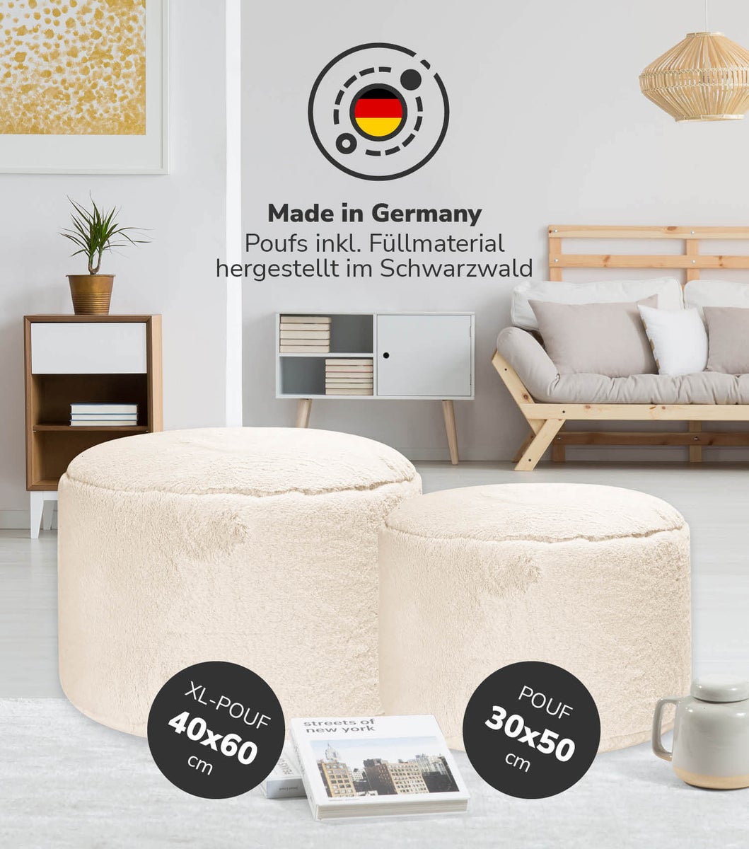 mokebo imitatiebont poef 'The Fluffy One', voetenbankje of zitpoef in beige