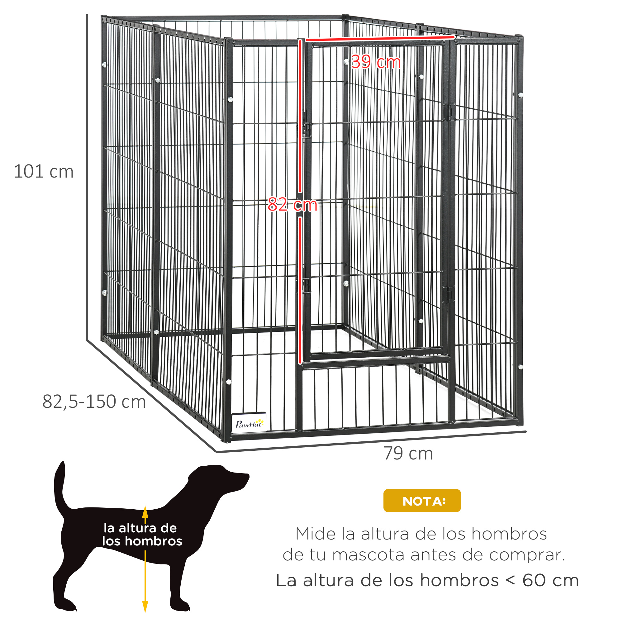 Cercado para cães PawHut com 6 painéis, cerca metálica para animais de estimação com largura ajustável e estrutura de aço, 82,5-150x79x101 cm, preto.