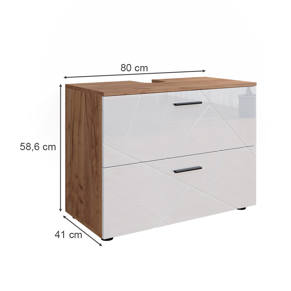 Vicco Waschtischunterschrank Waschbeckenunterschrank Irma Eiche Weiß Hochglanz modern 80x59 cm Badezimmer Schrank Badschrank Badkommode Badmöbel 2 Schubladen