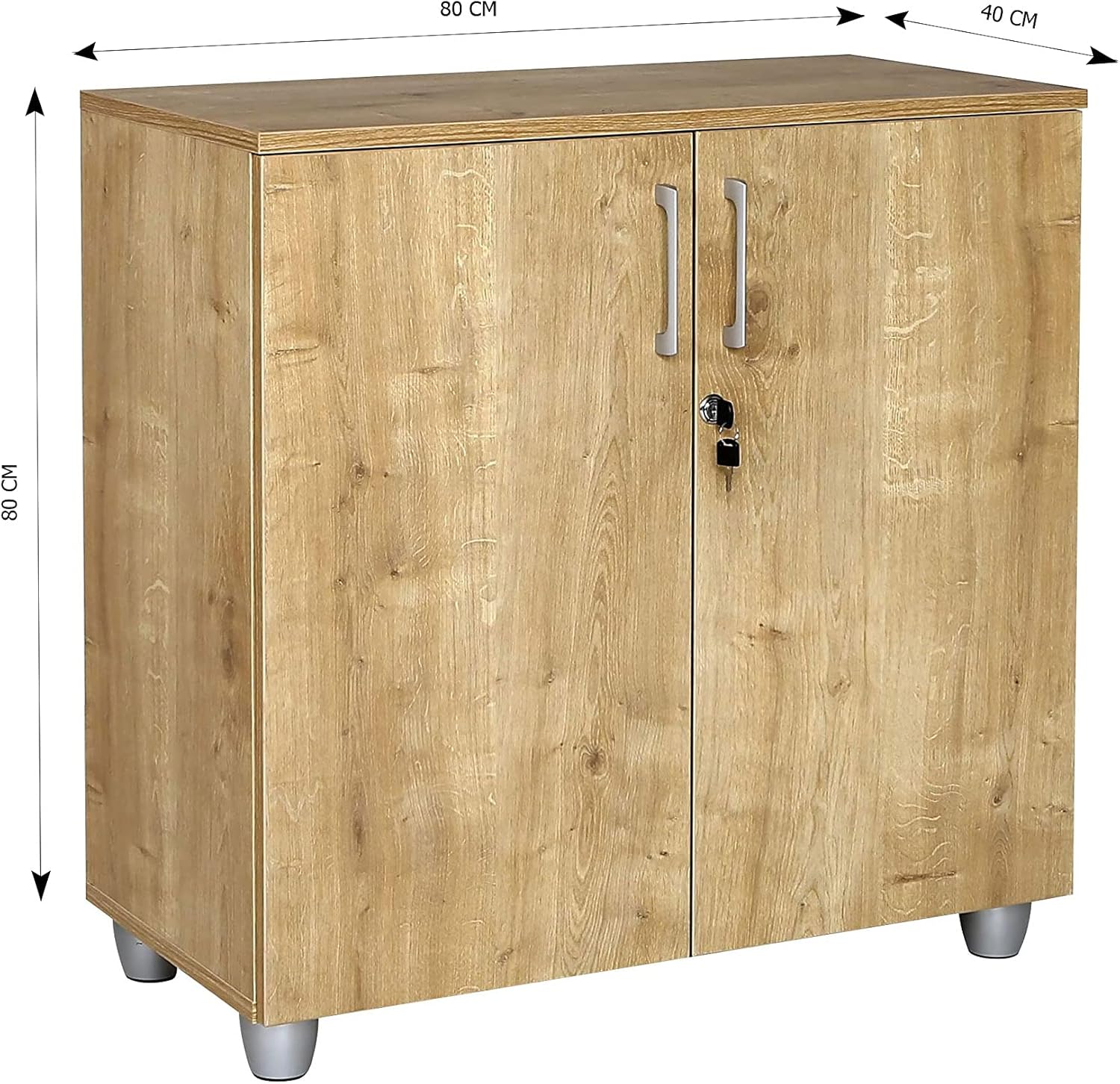 furni24 Aktenschrank mit Schloss und Fächern – Abschließbarer Holzschrank, mit 1 verstellbaren Regalbrettern, Flügeltüren und Metallscharnieren – Saphir-Eiche, 80x80x40 cm