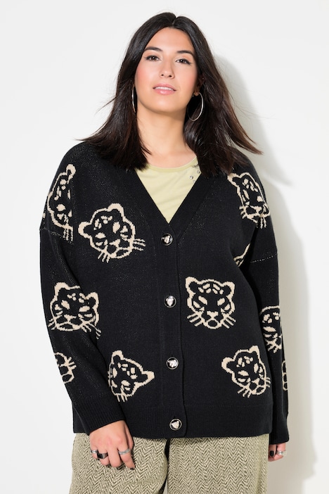 Strickjacke, oversized, Leo-Köpfe