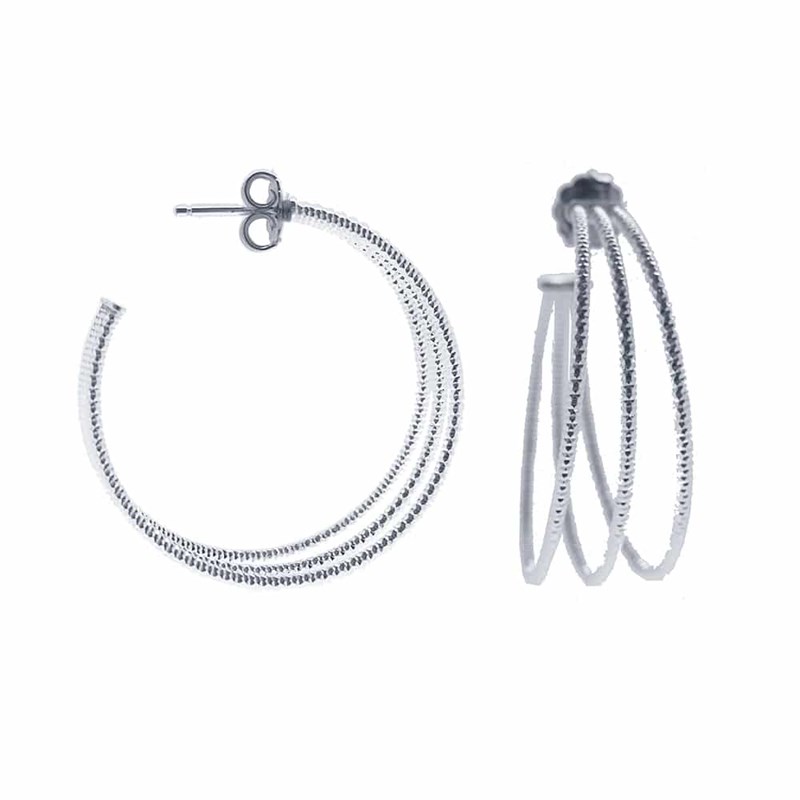 Boucles D'oreilles Créoles Trois Anneaux Moyen Modèle Argent Rhodié Diamanté Helena Diamètre 45mm