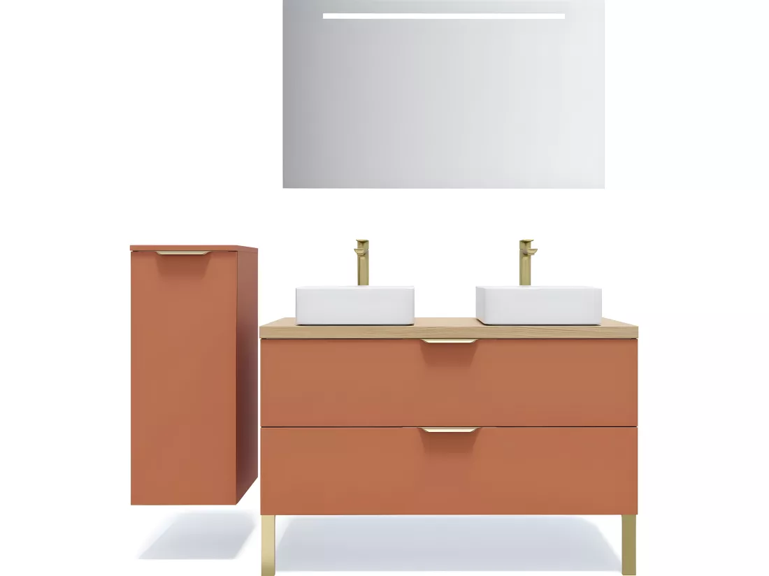 Meuble de salle de bain suspendu 2 vasques à poser 120cm 2 tiroirs Terracotta - Venice