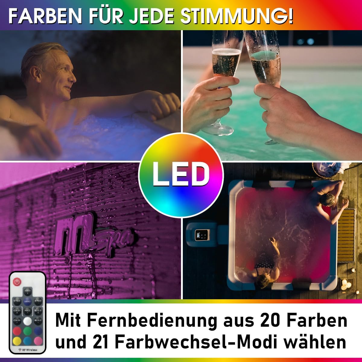 BRAST Whirlpool MSpa Frame - Oslo Sapphire & Amber mit Fester Außenwand | 160x160x65cm - 180x180x65cm | 5 Modelle | LED-Beleuchtung | 6 Personen | Ganzjähriger Einsatz Winterfest | Oslo