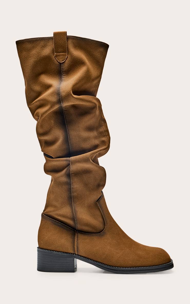 Marron Bottes Hautes Plissées À Talon Bas En Synthétique