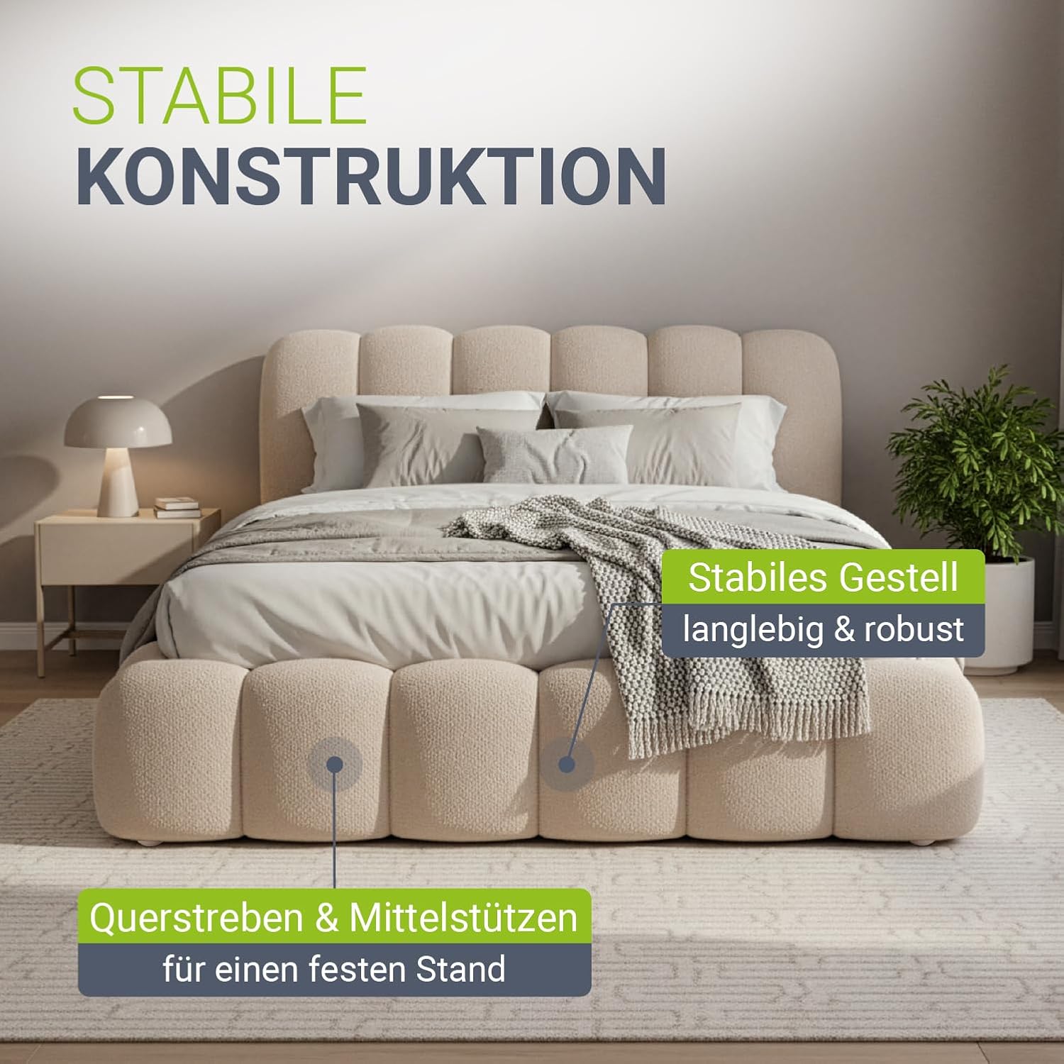 Juskys Polsterbett Catania - Modernes Bubble Design, gepolstertes Kopfteil, stabile Kontruktion- 140 x 200 cm - Beige