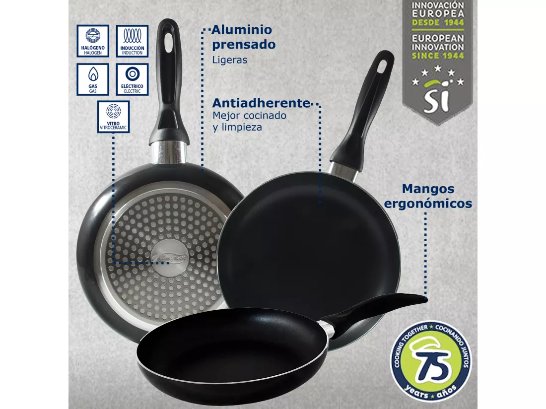 Set : Set de trois poêles à frire + Batterie de cuisine 8 pcs.