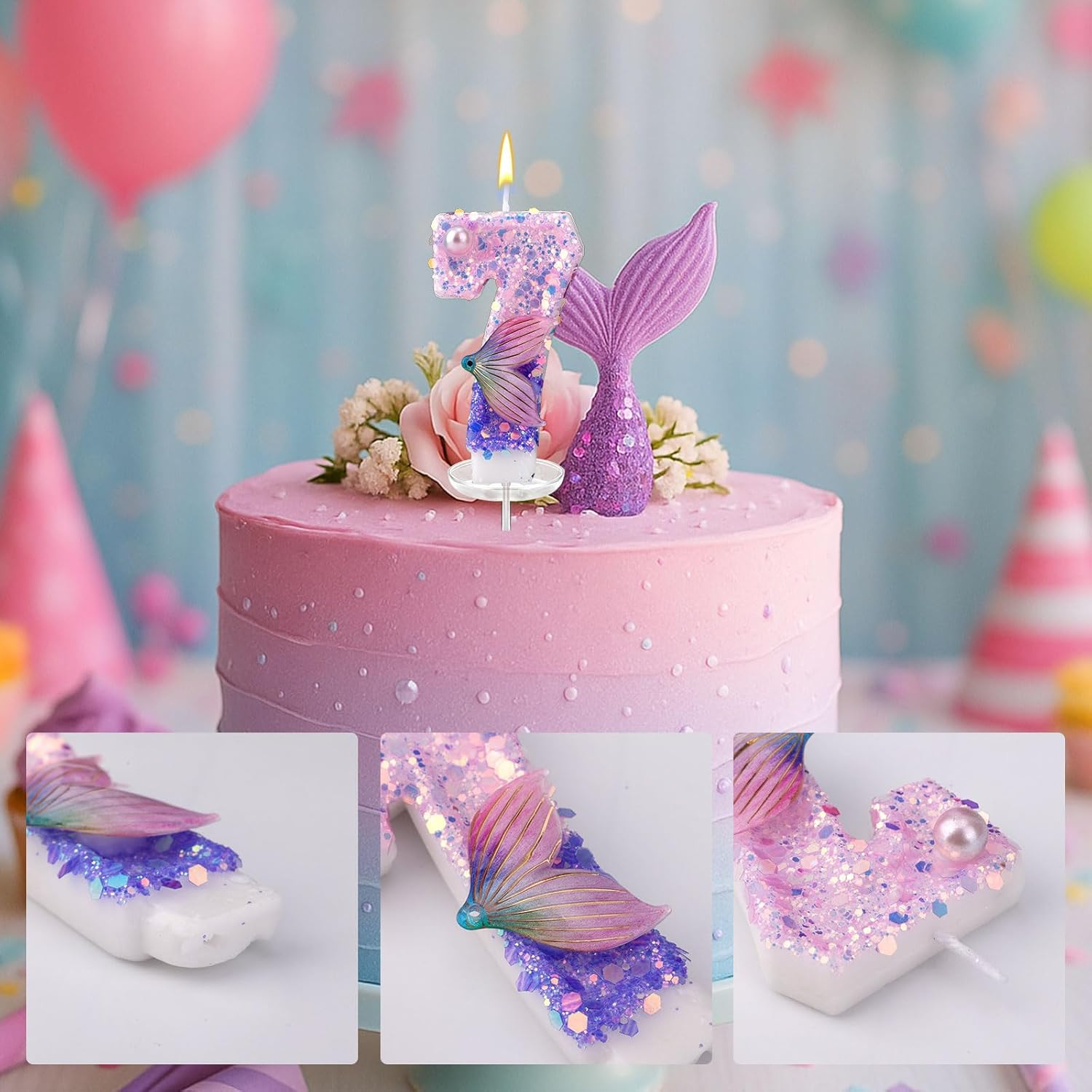 Zahlen Geburtstags Kerze Meerjungfrau Kuchenstecker Happy Birthday Deko für Torten / Kuchen - Zahl 7 / Lila