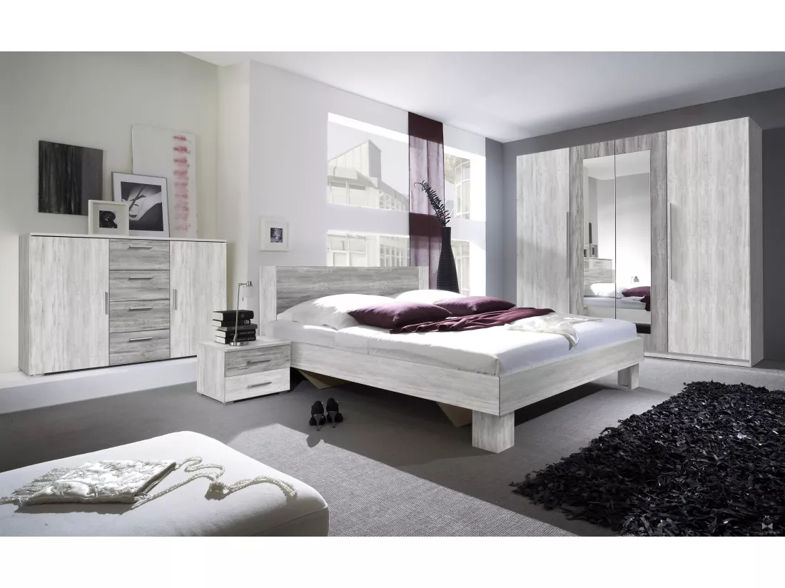 Chambre VERA 180x200 cm , blanc et gris cérusé - AVEC ARMOIRE