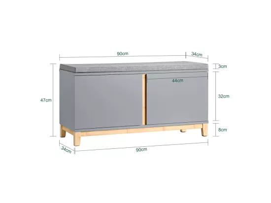 SoBuy Banc à Chaussures Banc de Rangement Meuble à Chaussures d'Entrée avec Siège Rembourré et 2 Portes, pour Couloir, Entrée, Chambre à Coucher – 90 x 34 x 47 cm, FSR117-HG
