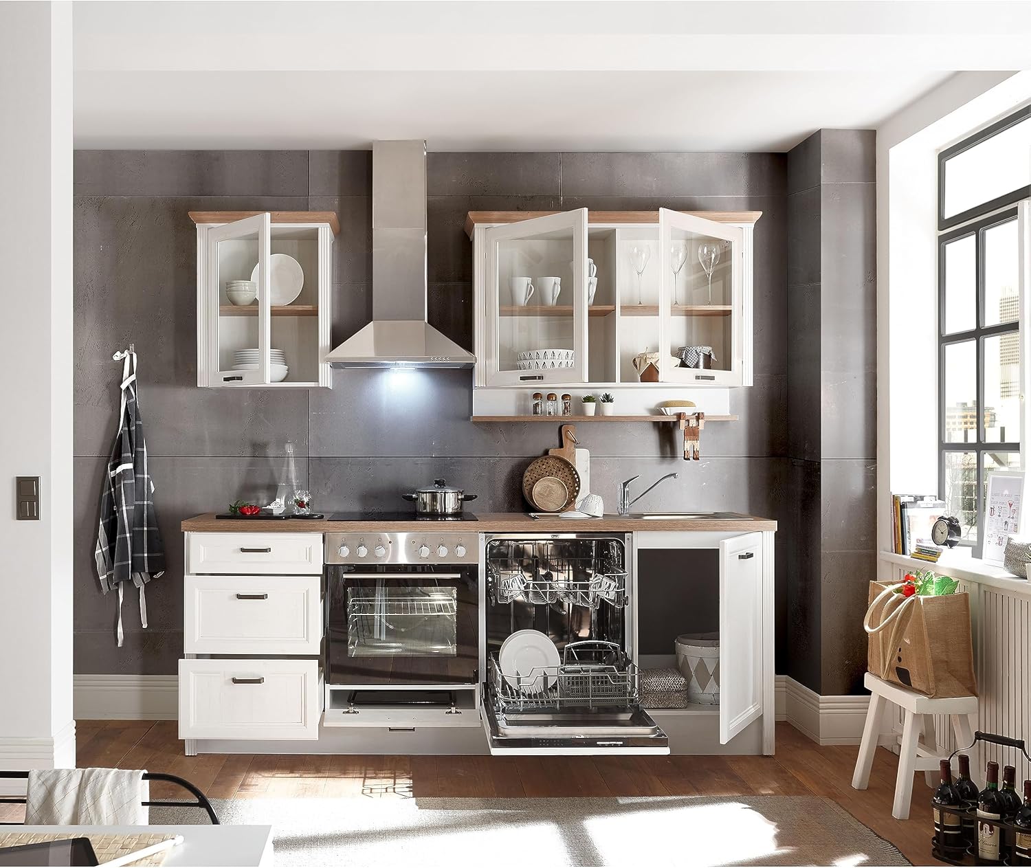 JASMIN Moderne Küchenzeile ohne Elektrogeräte in Pinie hell, Artisan Eiche Optik - Geräumige Einbauküche im Landhausstil - 235 x 216,5 x 60 cm (B/H/T)