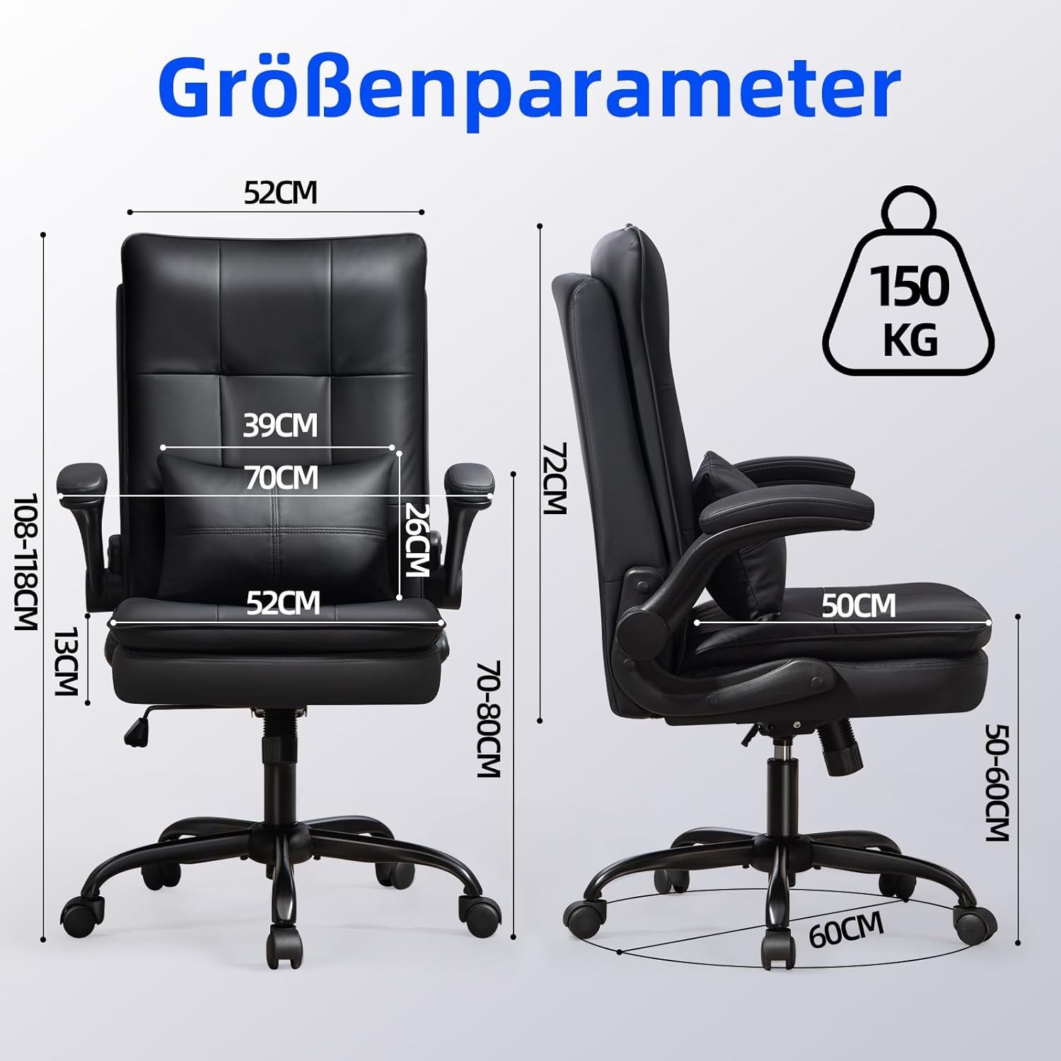 Bürostuhl Ergonomisch [TESTSIEGER] Schreibtischstuhl | Kratzfeste Leder & Hohe Rückenlehne | Höhenverstellbar & Wippfunktion | Chefsessel 150 Kg | Drehstuhl Mit Rollen | PC Stuhl Schwarz