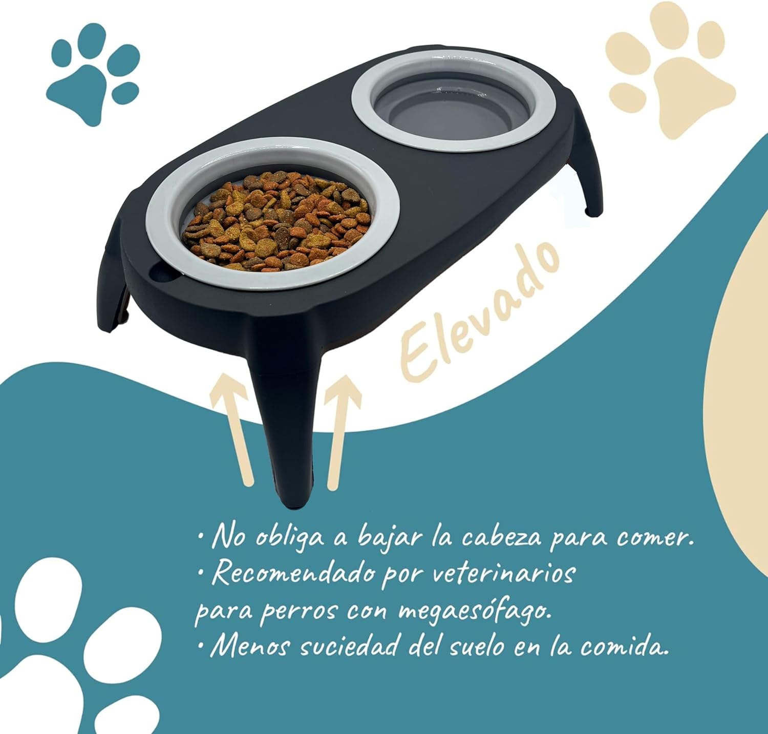 Comedouro elevado para cães EL ÁTICO PETS com bebedouro anti-respingos. Comedouro removível anti-engasgo.