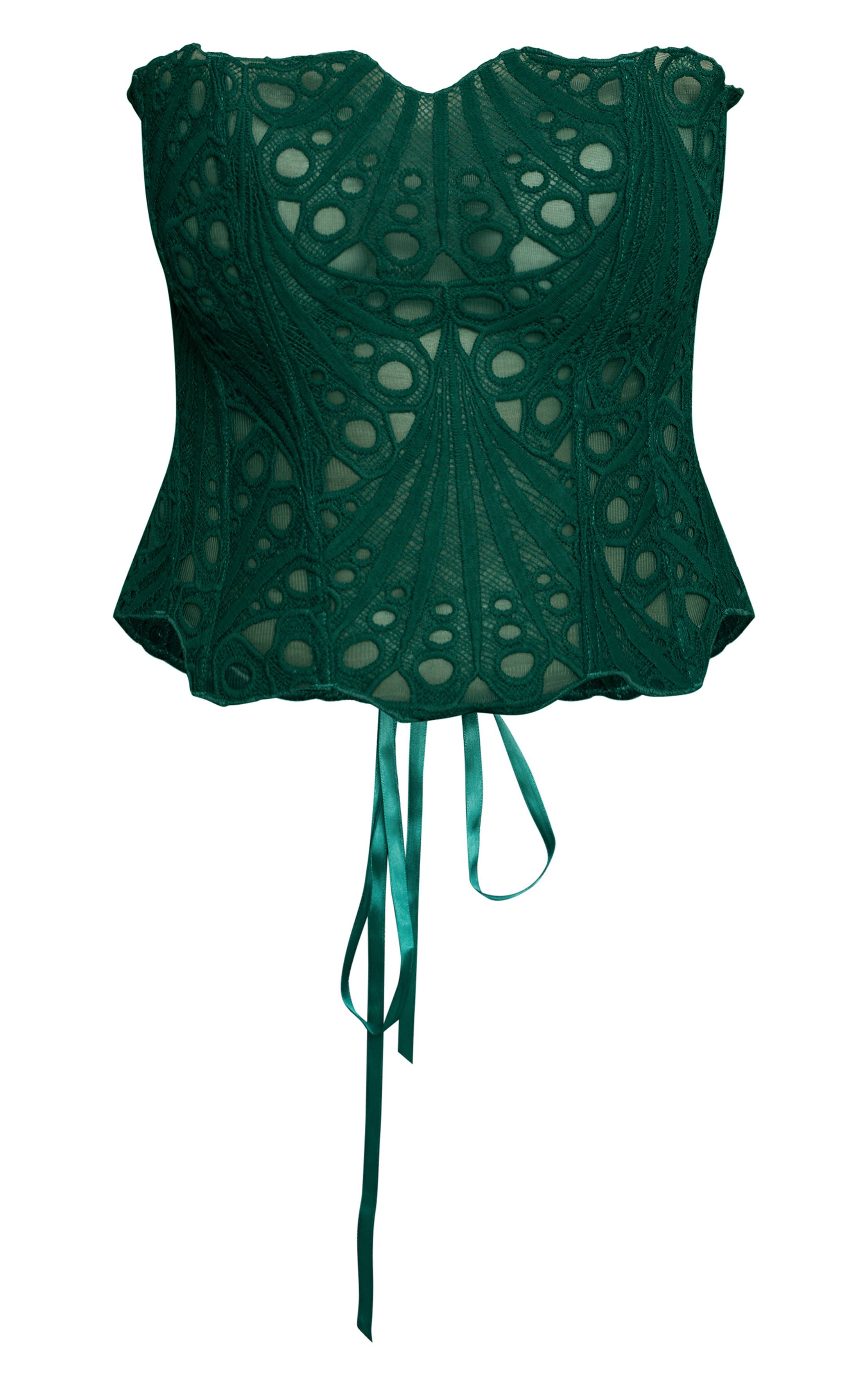 Vert Emeraude Corset Bandeau Grande Taille En Dentelle Florale Transparente Texturée