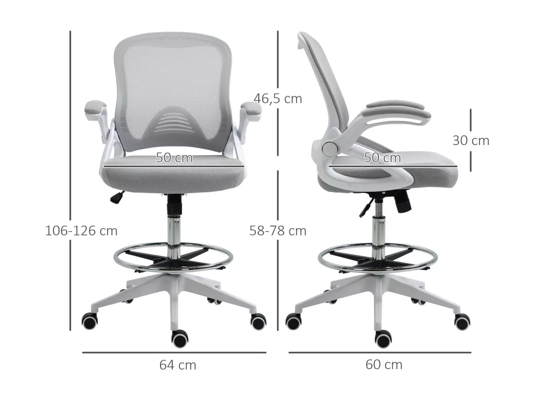Fauteuil de bureau chaise de bureau assise haute réglable dim. 64L x 60l x 106-126H cm pivotant 360° maille respirante gris
