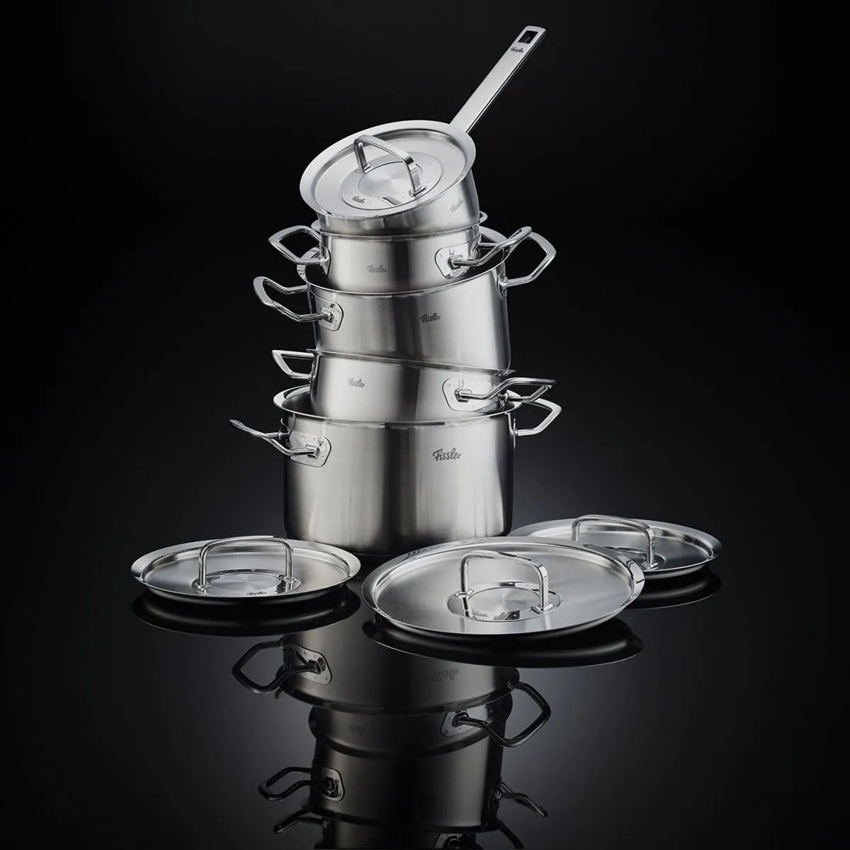 Fissler Original-Profi Collection/Edelstahl-Kochtopfset, 5-teilig, Töpfe mit Metall-Deckel (3 Kochtöpfe,1 Bratentopf 1 Stielkasserolle-deckellos) - Induktion