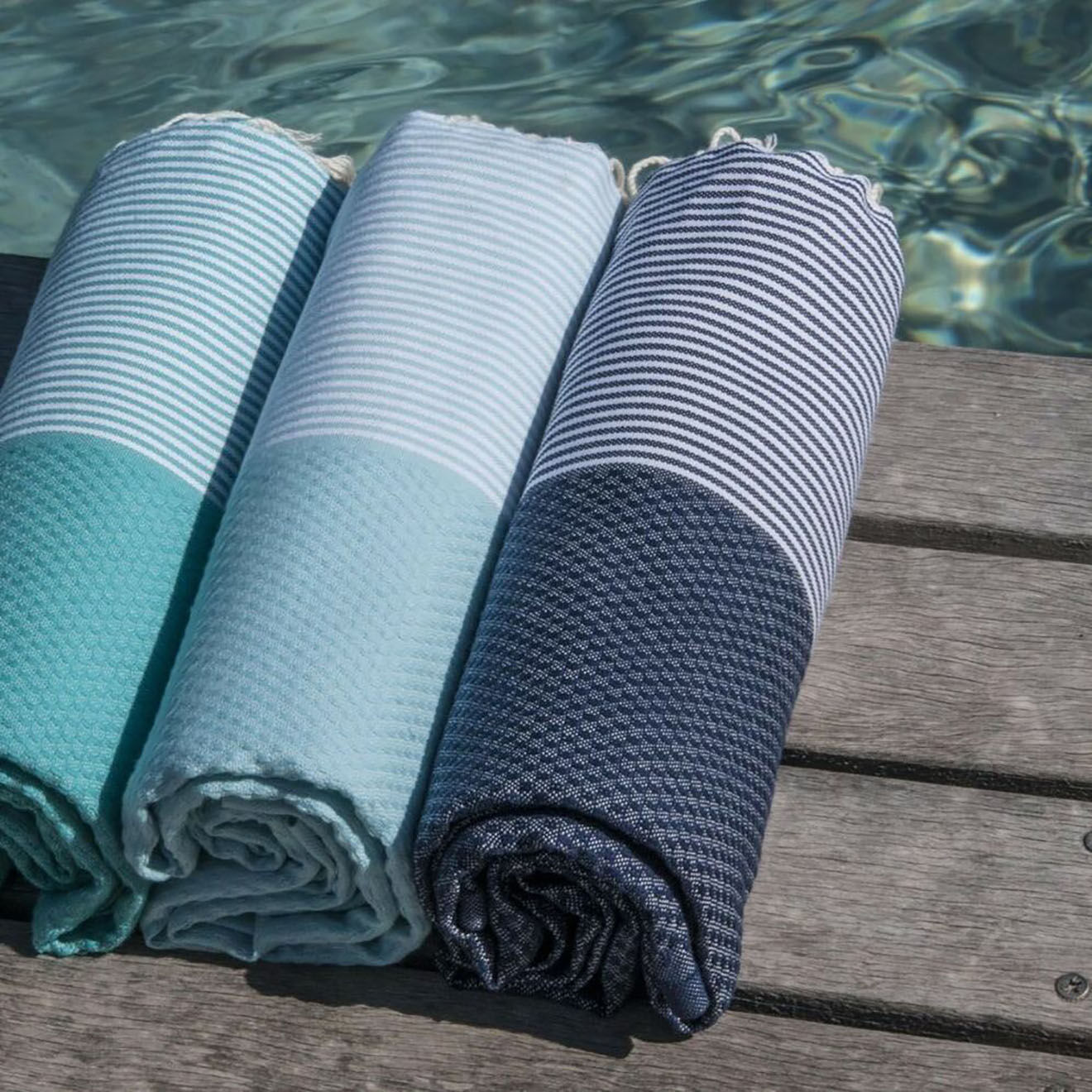 Febronie Fouta Nid d'Abeille Ibiza bleu jean/blanc - 100x200 cm