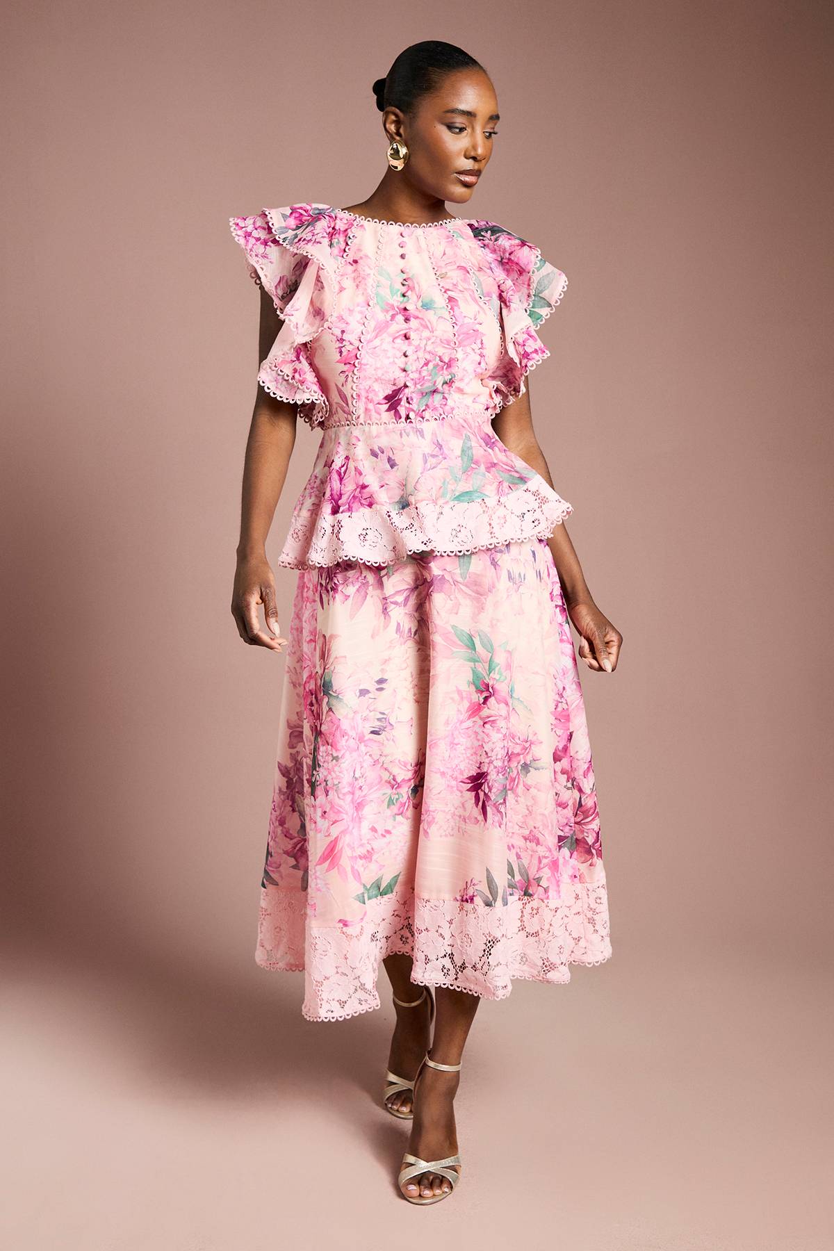 Coast Robe Mi-Longue à Volants Imprimés avec Finitions en Dentelle