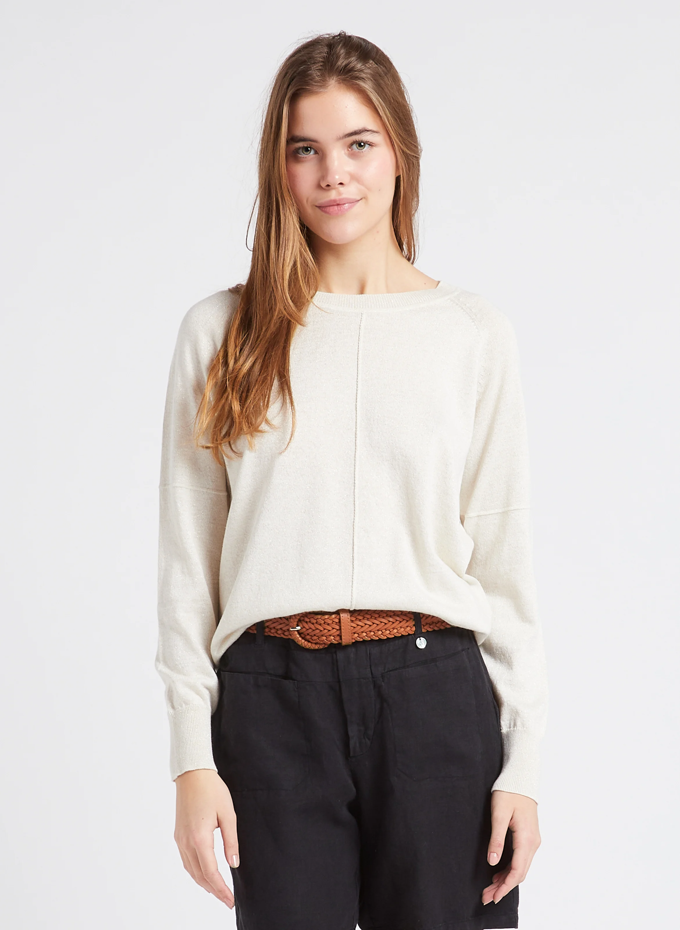 ARY - Top droit col rond avec fils métallisés | Beige