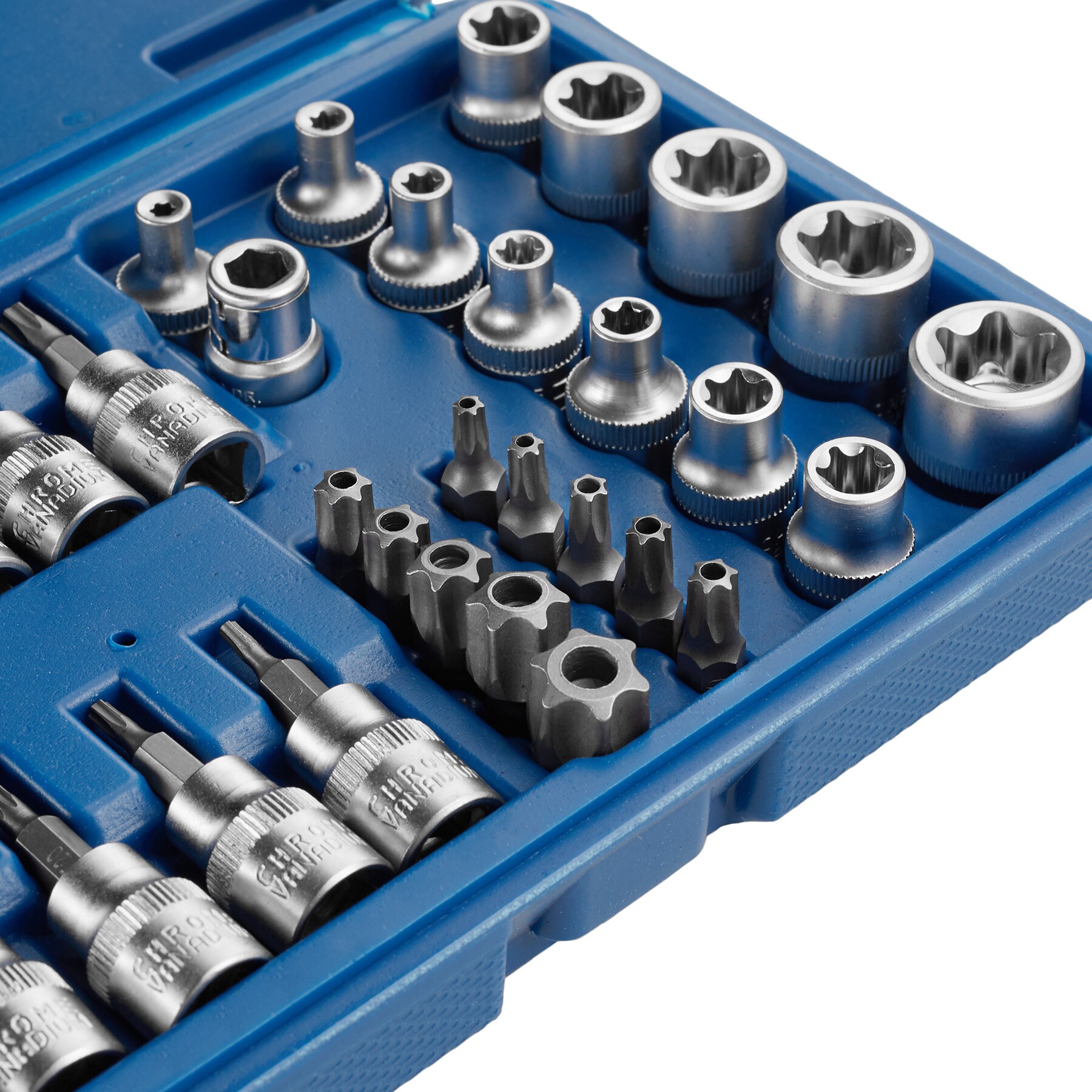 tectake® Torx Steckschlüsselsatz, 34-teilig, 5/16 und 3/8 Zoll, mit Kodierung und Kugelfangrille, übersichtliche Anordnung im Kunststoffkoffer