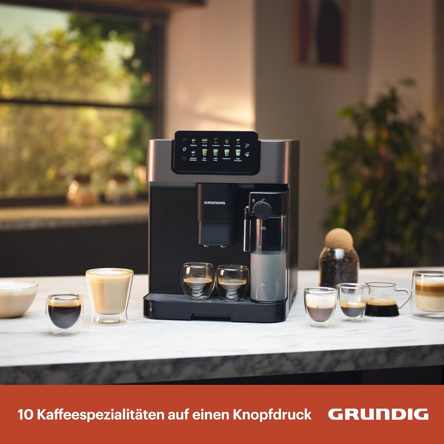 GRUNDIG KVA 7230 Kaffeevollautomat, Kaffeemaschine, 10 Kaffeespezialitäten, 13 Mahlgrade, Milchbehälter, leistungsstark 1350 W, 19 Bar Pumpendruck, Zweifachdüse, Beleuchtung, Schwarz/Dunkelsilber