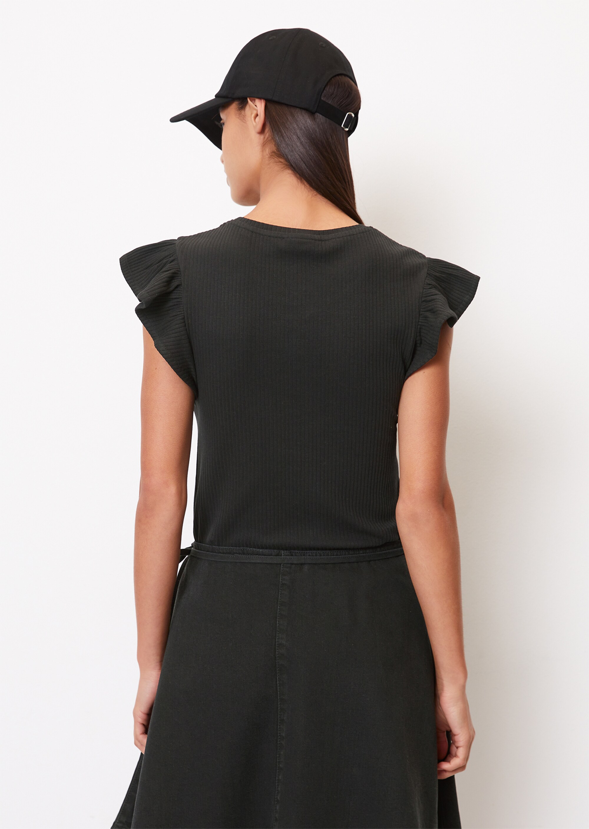 T-Shirt mit Volantärmeln slim aus Ripp-Stretch-Jersey