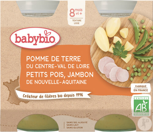 Babybio Pomme De Terre Du Centre-Val De Loire Petits Pois Jambon Bébés 8+ Mois 2x200g