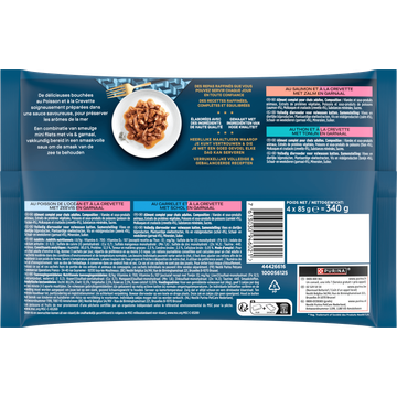 Gourmet Perle Zee Delicatesse, Met Zeevis En Garnaal, Met Zalm En Garnaal, Met Schol En Garnaal, Met Tonijn En Garnaal, 85g Pouch