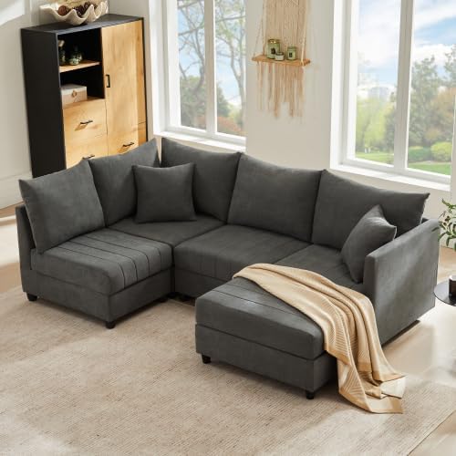 Modulares Ecksofa 5-Sitzer mit Hocker – verstellbar L- & U-Form, große Wohnlandschaft, Federkern Sofa, Baumwolle-Leinen Bezug, Grau
