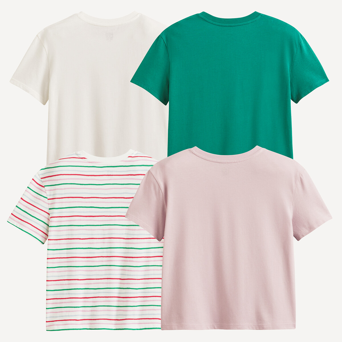 COLEÇÃO LA REDOUTE<br>Conjunto de 4 camisetas de gola redonda, com mensagens, flores e listras