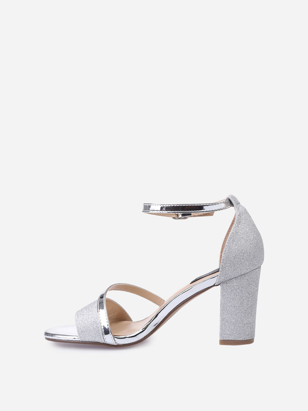 Sandales à talon scintillantes avec brides vernies- Argenté