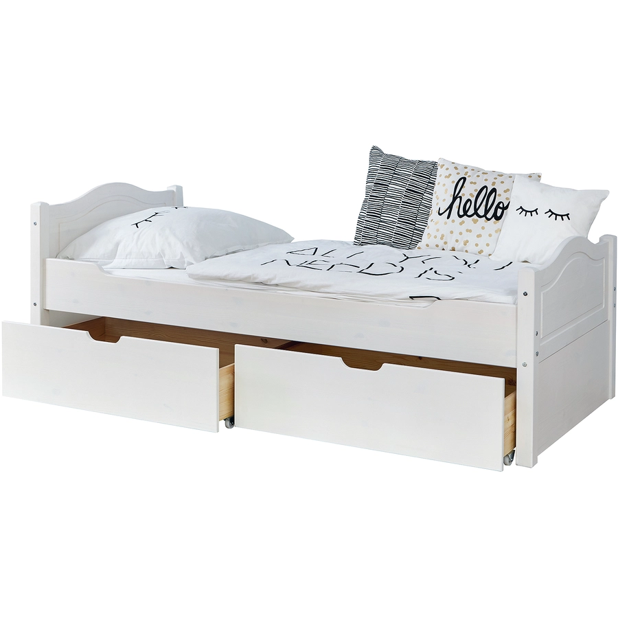 TiCAA Einzelbett Leni 100 x 200 cm Kiefer weiß mit 2 Schubladen