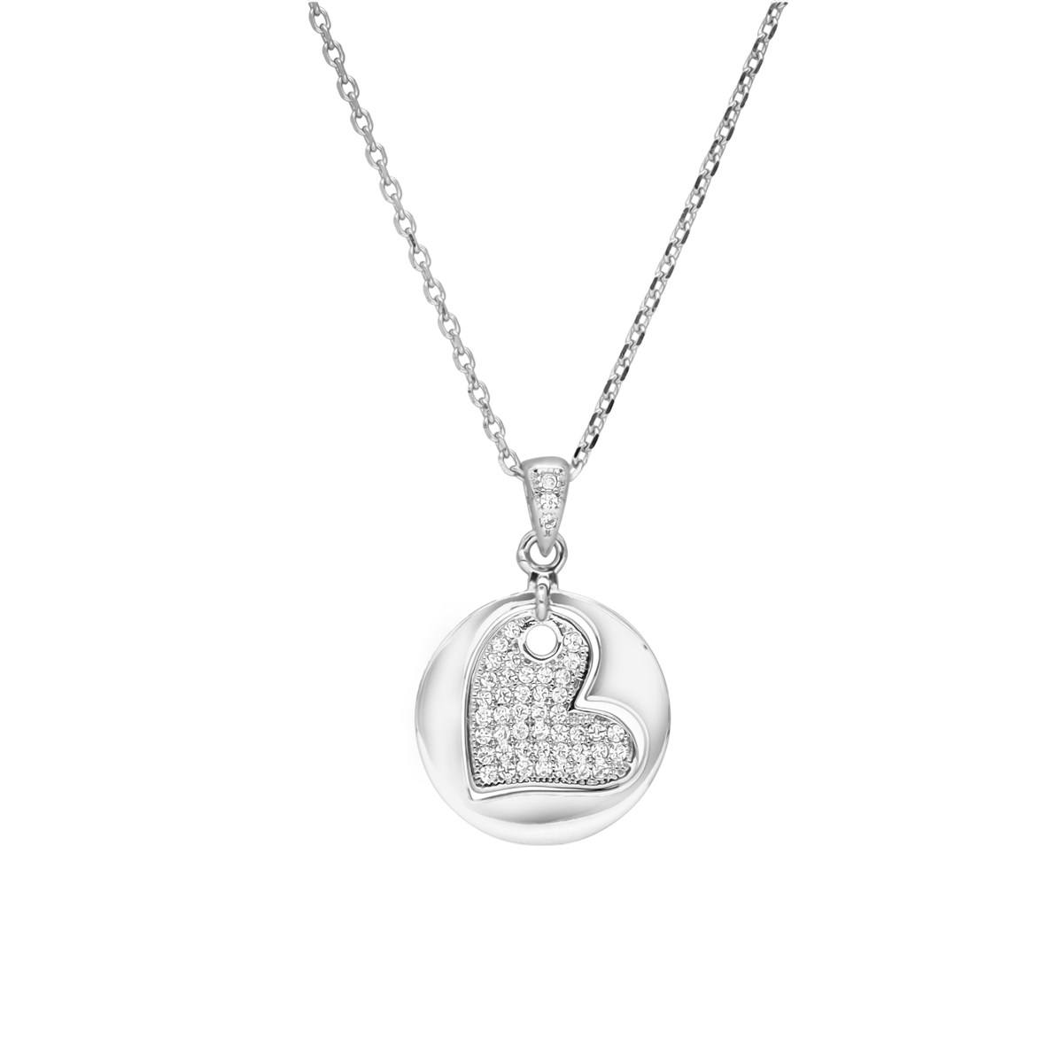 Collier Argent Pendentif Coeur Penché Sur Médaillon Pavé Zirconium