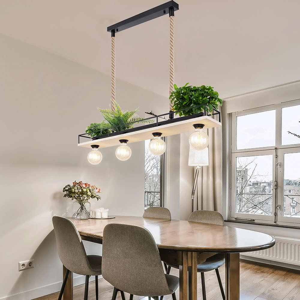Hängelampe Holzleuchte Deckenleuchte Wohnzimmer Pendelleuchte mit Hanfseil, Metallrahmen mit Ablage schwarz, 4x E27, LxH 95x120 cm