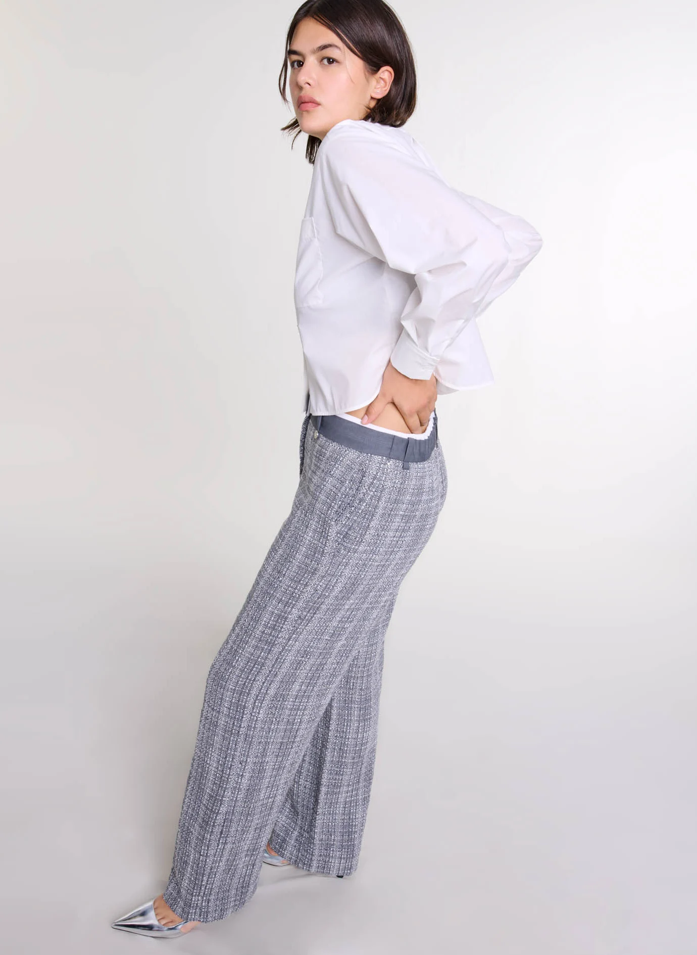 Pantalon large taille haute en tweed | Gris