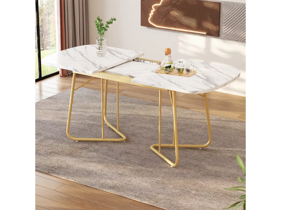 Table à manger avec structure en marbre, table à manger extensible 140/180*80 cm, pieds de table en métal doré, convient pour 4 à 6 personnes