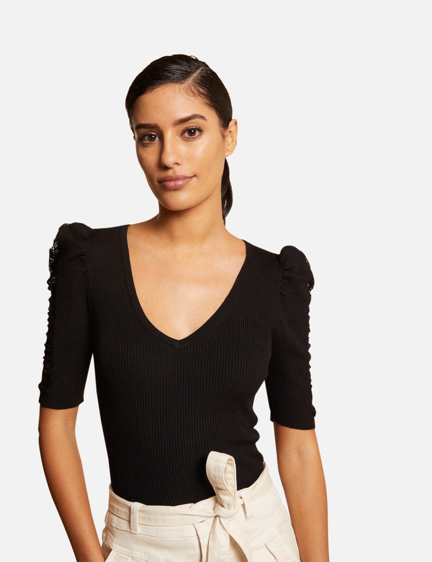 Pull manches courtes avec dentelle noir femme - noir
