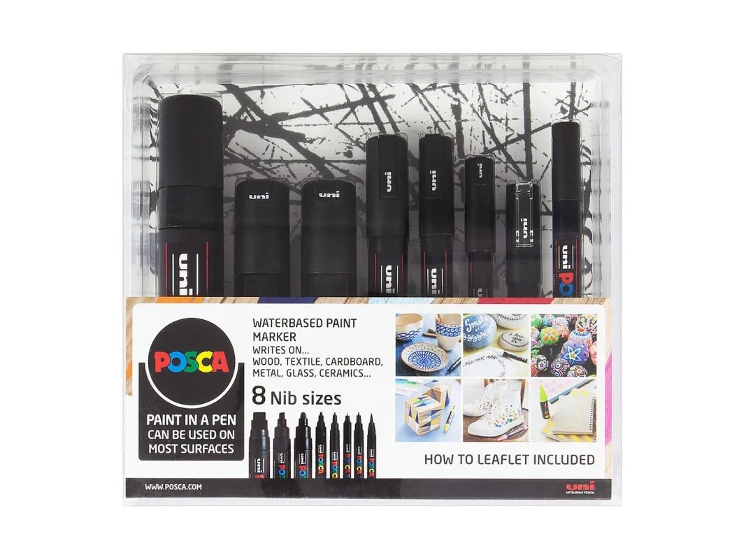 Paintmarker POSCA Black sæt - med 8 ass. størrelser