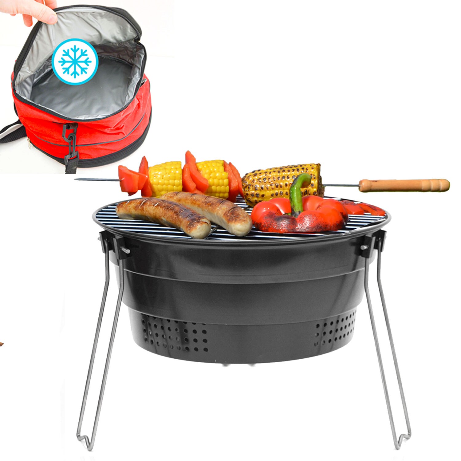 Faltbarer BBQ Grill mit Kühltasche - Ø 28cm Holzkohlegrill Campinggrill Klappbar