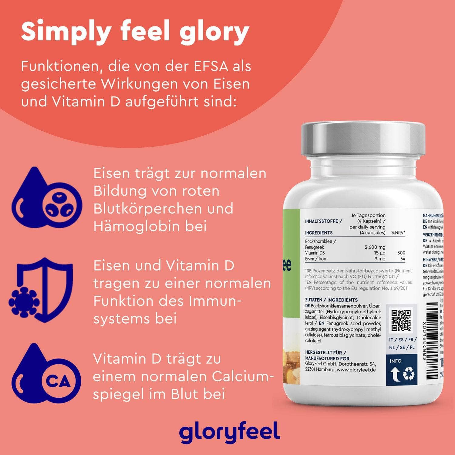 gloryfeel ® Bockshornklee Kapseln aktiviert - Mit Eisen und Vitamin D3