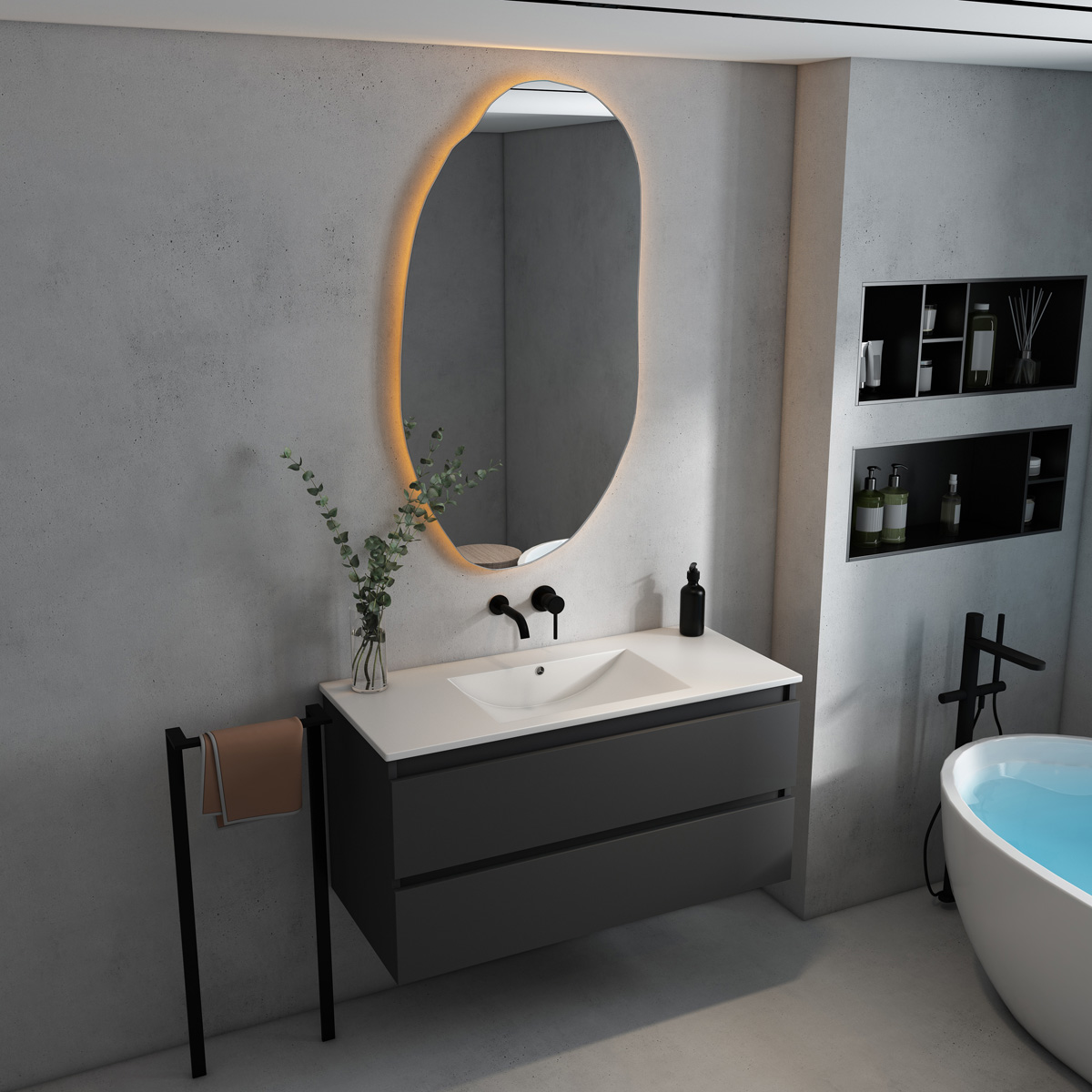 Fontana Rovigo badmeubel 100cm met witte wastafel zonder kraangat zwart mat