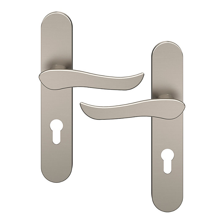 Ensemble poignée sur plaque rondcylindre GoodHome Armel effet nickel satin gris L.130mm x l.42mm entraxe 165-195mm